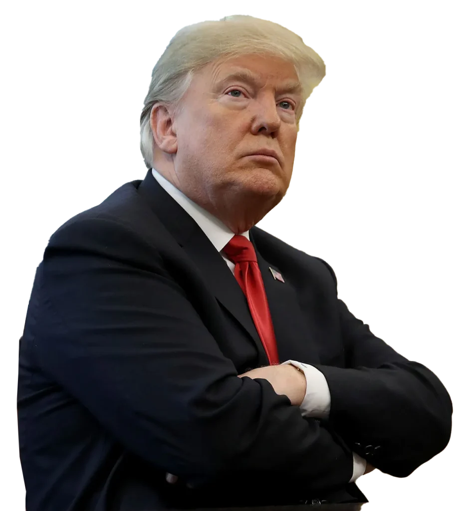 Former President Donald Trump is seen with his arms crossed, looking upward with a serious expression. He is wearing a dark suit with a red tie and an American flag pin on his lapel.